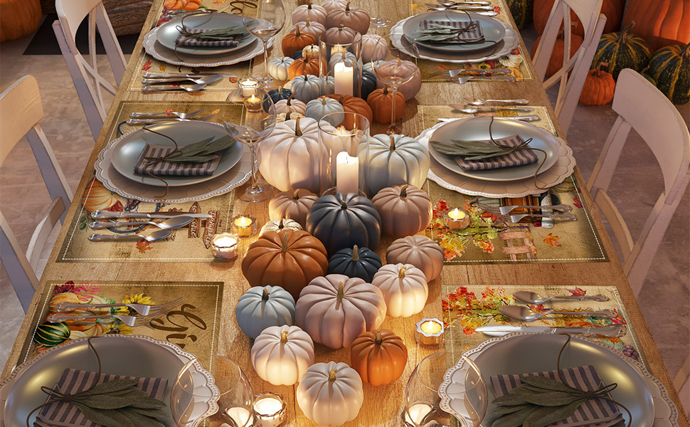 Pinata Fall Placemats Set of 6, Blue Pumpkin Leaves Vintage