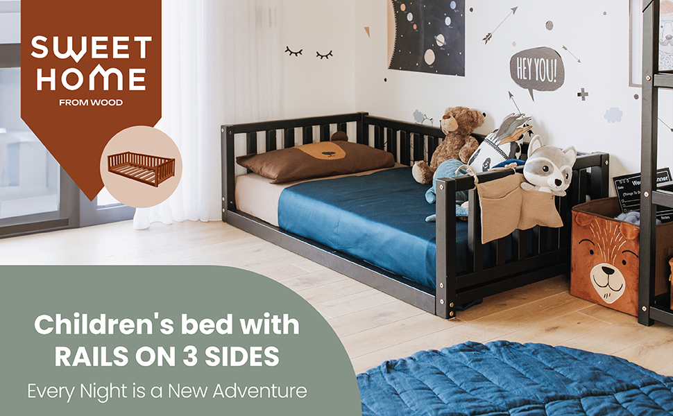 Children platform floor bed with rails