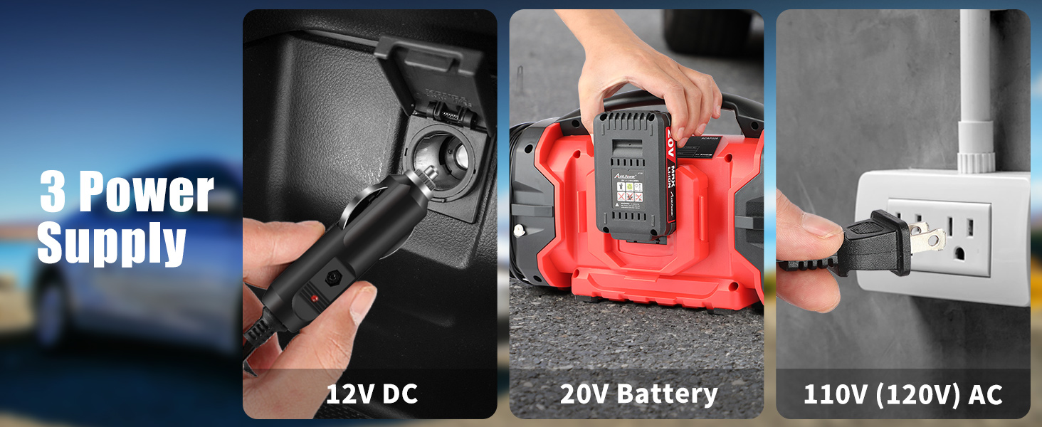 car tire pump with 3 power supply