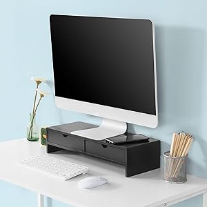SoBuy Monitor Stand Riser 2 Drawers Computer Screen Riser Desk Organizer Black,BBF02-SCH 13 BBF02-SCH