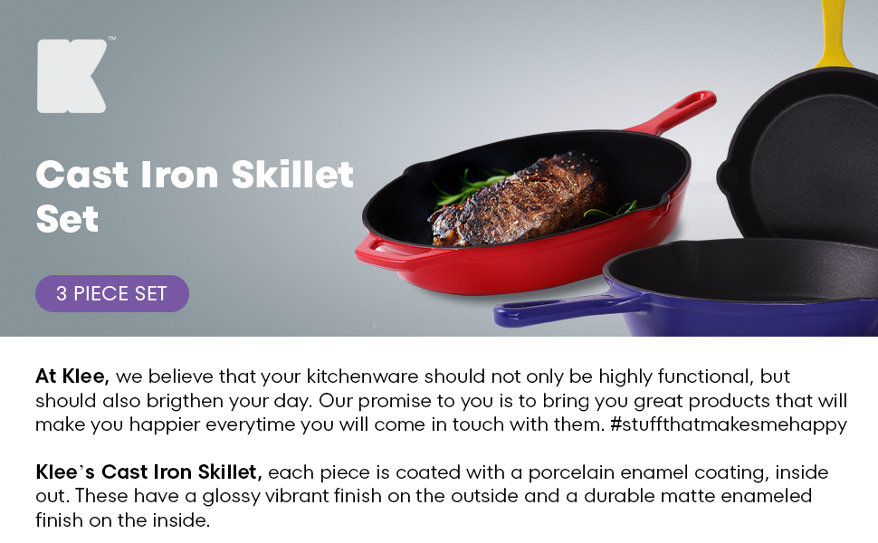 Klee Enameled Cast Iron Skillet, Set of 3 (8inch, 10inch, 12inch) Multipurpose