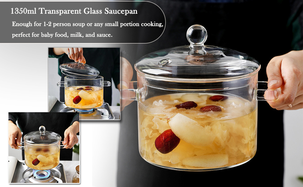 Angoily Glass Saucepan with Cover, 1. 35L Heat Resistant Glass