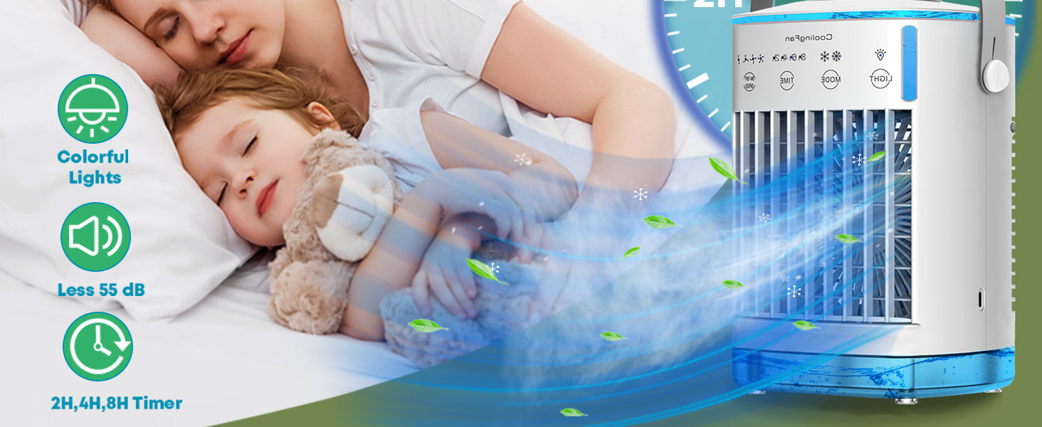 Portable air cooler with blue light emitting function. Features include colored lights, low noise (less than 55 decibels) and timer options. Shown here is the use of mist output to cool a sleeping area.