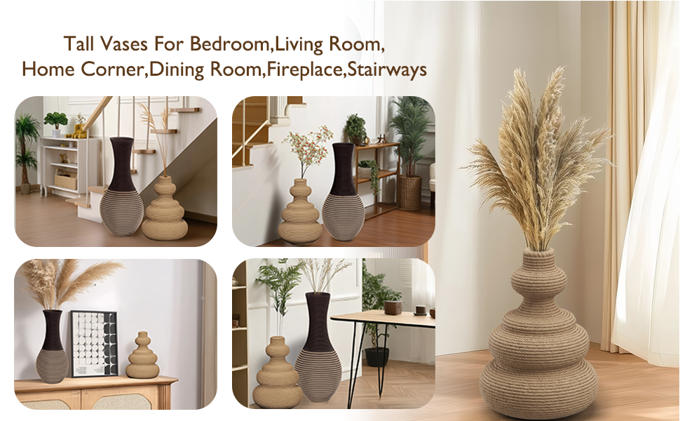 Tall woven vases with plants, suitable for bedrooms, living rooms, via a main view and inset scenes