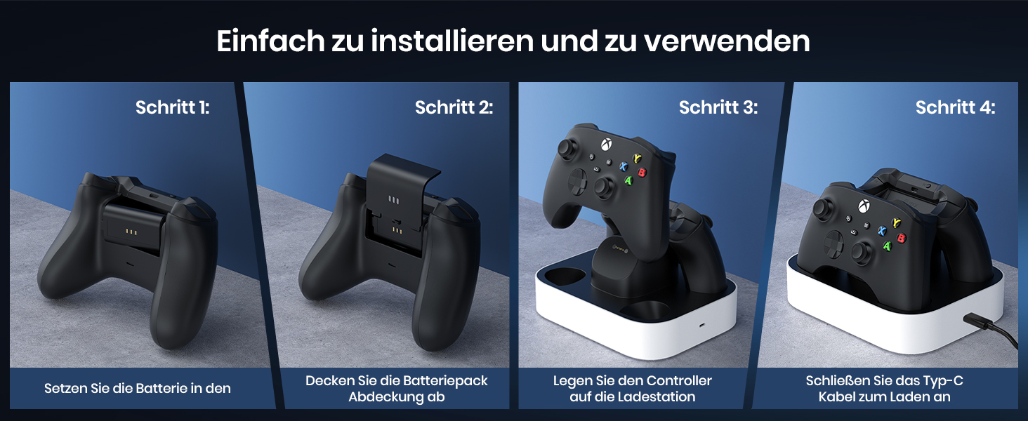 NEWDERY Ladestation für Xbox Wireless Controller, 2 x 1100 mAh wiederaufladbare Akkus für Xbox