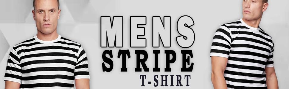 Men's black and white striped t-shirt. Short-sleeved crew neck design shown on two male torsos.