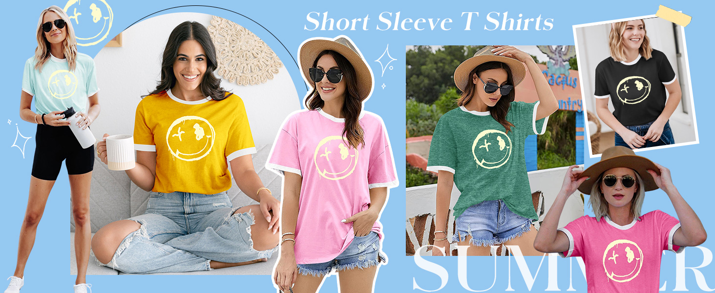 WIEIYM Women's T-Shirts Crew Neck Short Sleeve Ladies T Shirts Casual Summer Tops Smile Face Printed Tee Shirts Blouse S-XXL 16 tshirts women uk