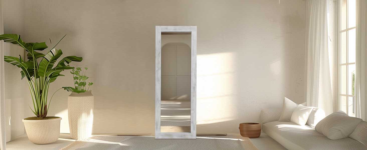 Rustic Farmhouse Full Length Mirror, Wood Floor Mirror, Free Standing, Long for Bedroom, Living Room, Cloakroom, White