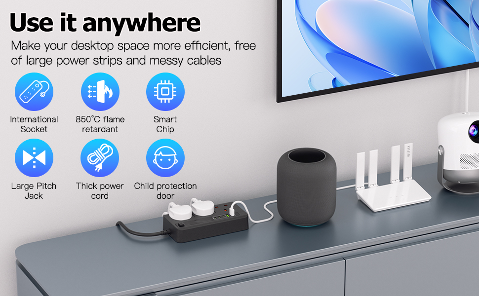 Text reads 'Use it anywhere' with icons showing wireless, rechargeable, power bank, compact, ultra-silent, and low power features. Image shows device connected to laptop.
