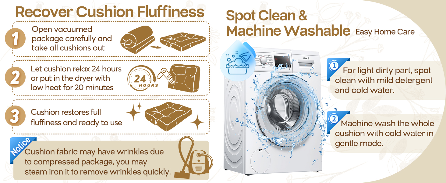 recover cushion shape fully before use, spot clean and machine washable for these large cushions