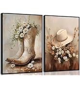 2pcs Vintage Western Cowgirl Canvas Wall Art Coastal Cowgirl Boots & Hats Posters Rustic Farmhous...
