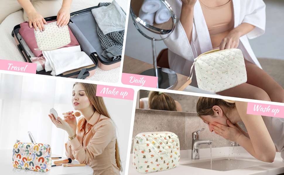 Travel Toiletry Bag, Cotton Floral Travel Makeup Bag, Portable Cosmetic Bag, Travel Makeup Storage Bag for Women Girls (Flower-Beige) 16 Toiletry Bag