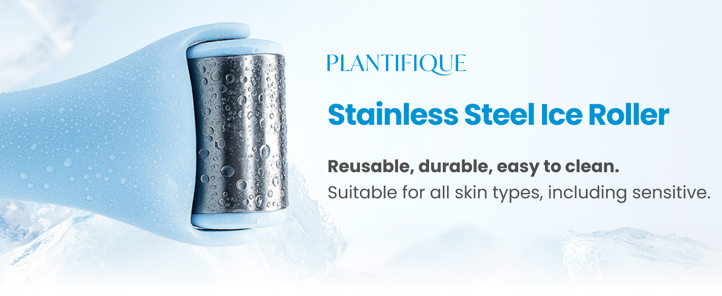 Text reads 'Stainless Steel Ice Roller' Product marketing image showing a silver-colored facial roller device