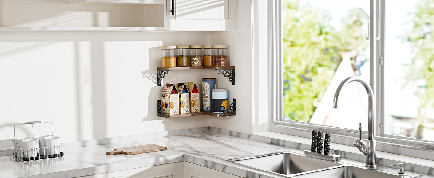 Smatto Corner Floating Shelves, Rustic Brown Corner Shelves