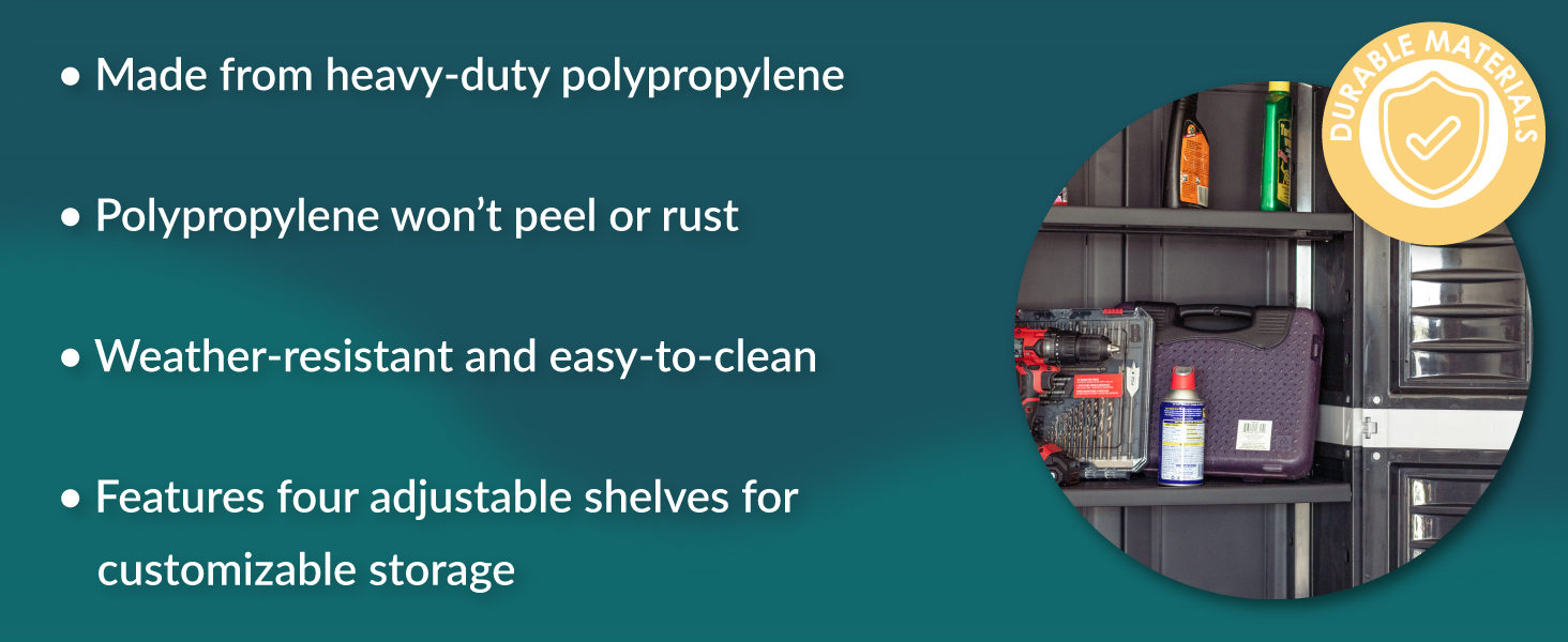 made from polypropylene weather-resistant and easy to clean features four adjustable shelves