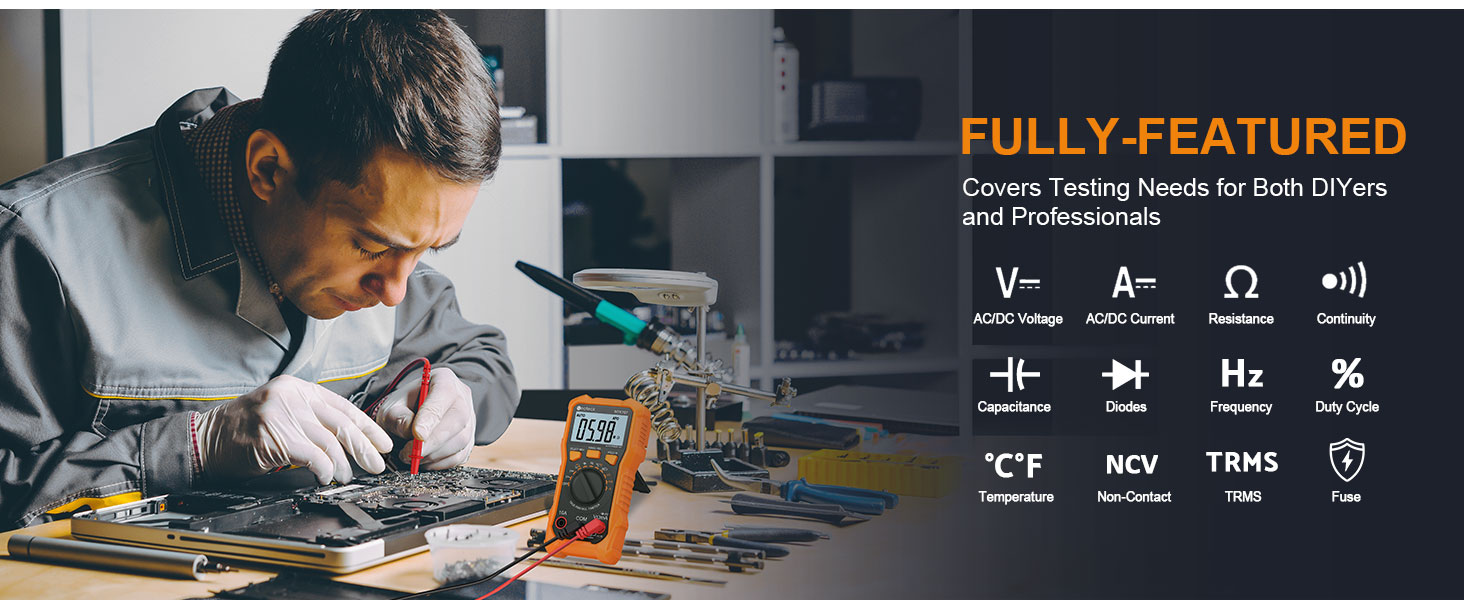 Person working on electronic components with a multimeter. Image highlights 'Fully-Featured' capabilities with icons for various measurement functions.