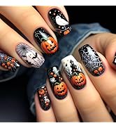 Halloween Press on Nails Medium Square Fake Nails with Designs Pumpkin Fake Nails Bat Cobweb Fals...