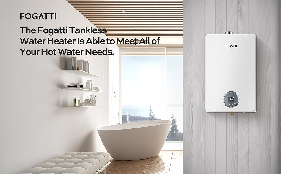 Natural Gas Tankless Water Heater, FOGATTI Indoor 6.3 GPM, 145,000 BTU White Instant Hot Water
