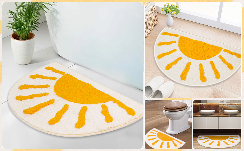 Bathroom Rugs Mat Half Circle Cute Sun Fun White Yellow