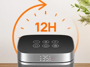 Black and silver cylindrical air purifier with digital display showing temperature. Touch control panel on top. Orange '12H' graphic above, indicating 12-hour operation. Plant leaves visible in background.