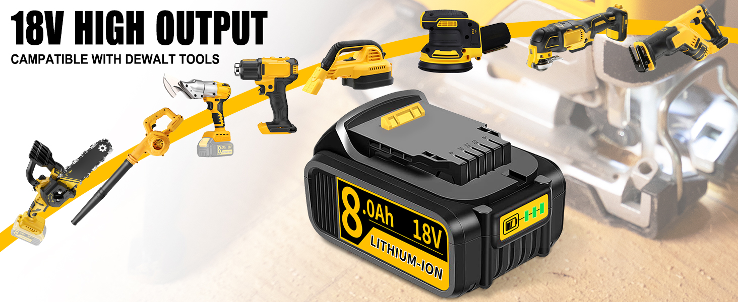 18V high-capacity lithium-ion battery pack for power tools, with yellow and black design. Various cordless tools shown in background, including drill, saw, and sander.