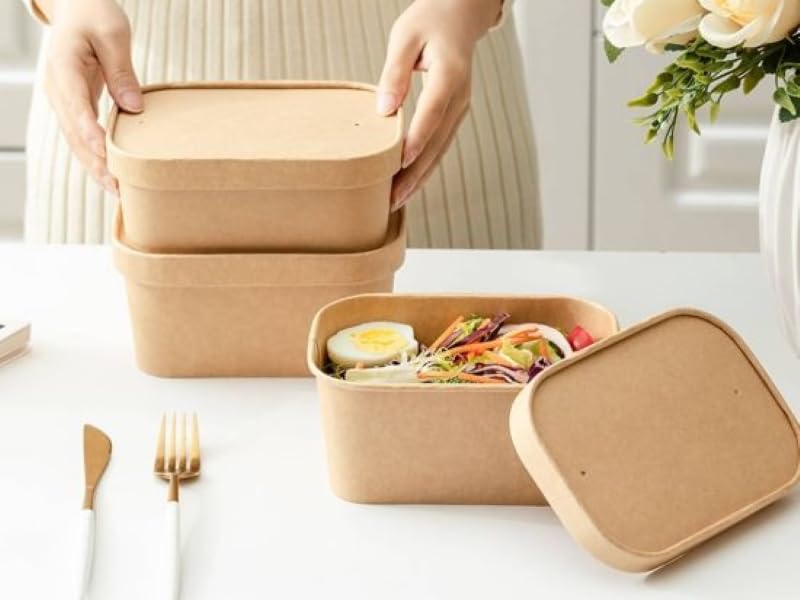 HOT BARGAINS 250 x 750ml Kraft Paper Disposable Container with Plastic