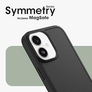 Text: 'Symmetry Series for/pour MagSafe'. Product image of black protective phone case for iPhone with dual camera cutout, shown against sage green background.
