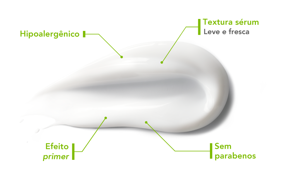 hipoalergênico, textura sérum e efeito primer sem parabenos