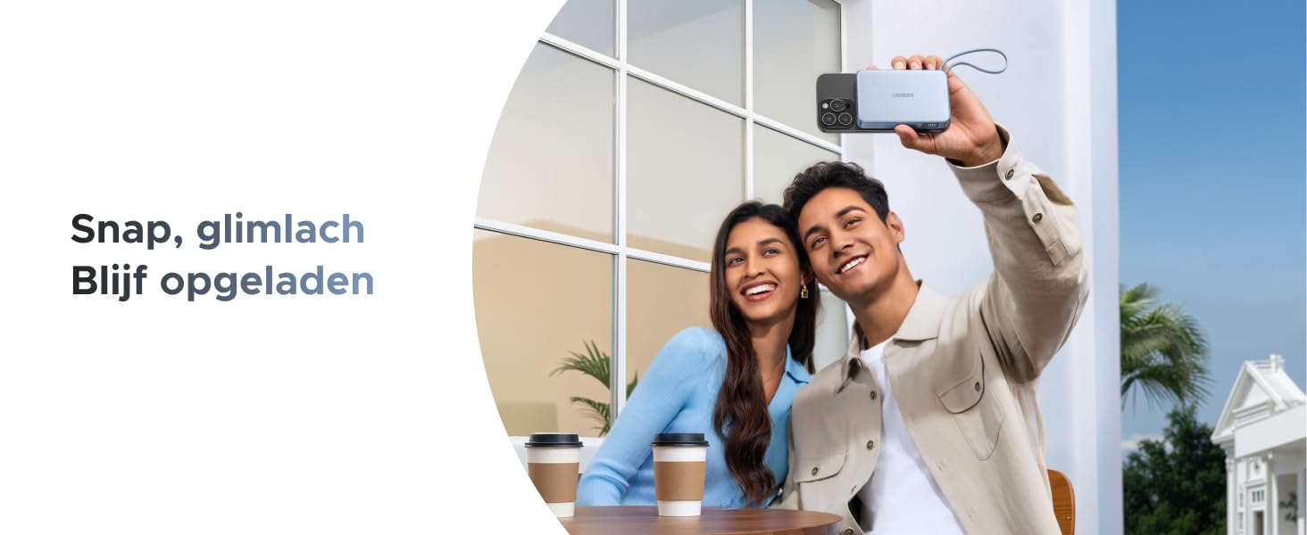 De tekst luidt 'Snap, glimtech Bild opgeladen'. Dezelfde collage van lifestylefotografie waarin mensen in verschillende omgevingen met technologie omgaan.