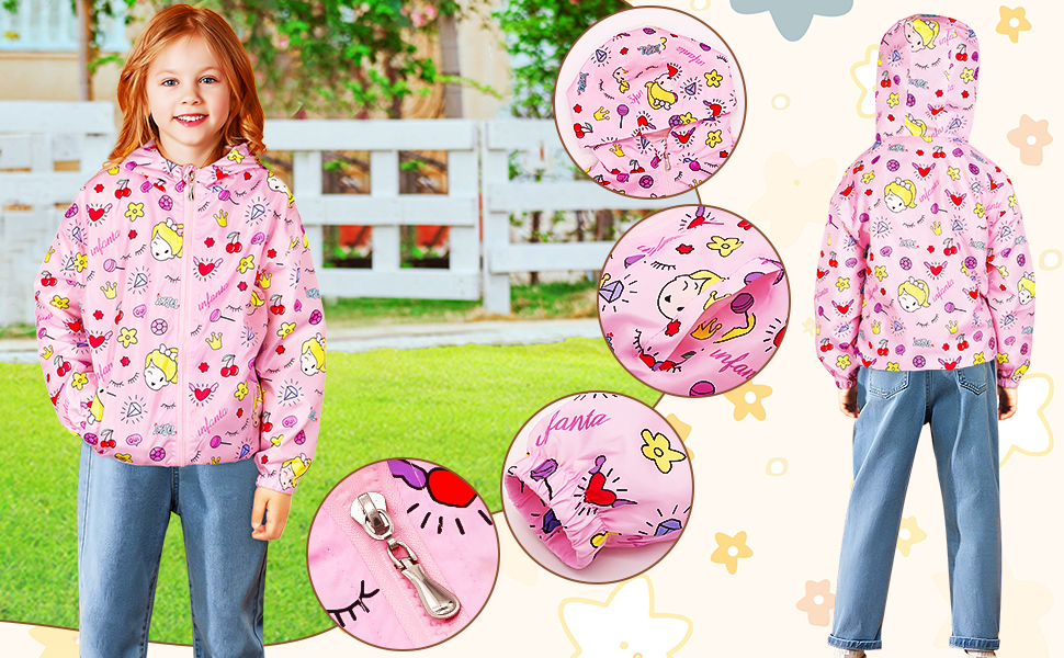 Children's pink raincoat with colorful cartoon pattern, shown on a model and in detail views highlighting the playful design.