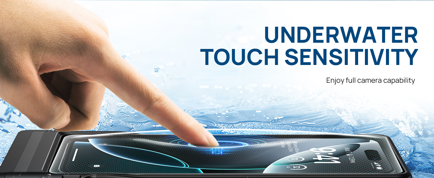 Waterproof smartphone case demonstrating underwater touch sensitivity. A finger touches the screen, which is visible through the clear case, with water droplets surrounding it.