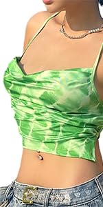 Tie Dye Backless Bandage Party Tops  Hollow Out Sexy Camis Tops Chic Vintage Sweet Green Crop Tops