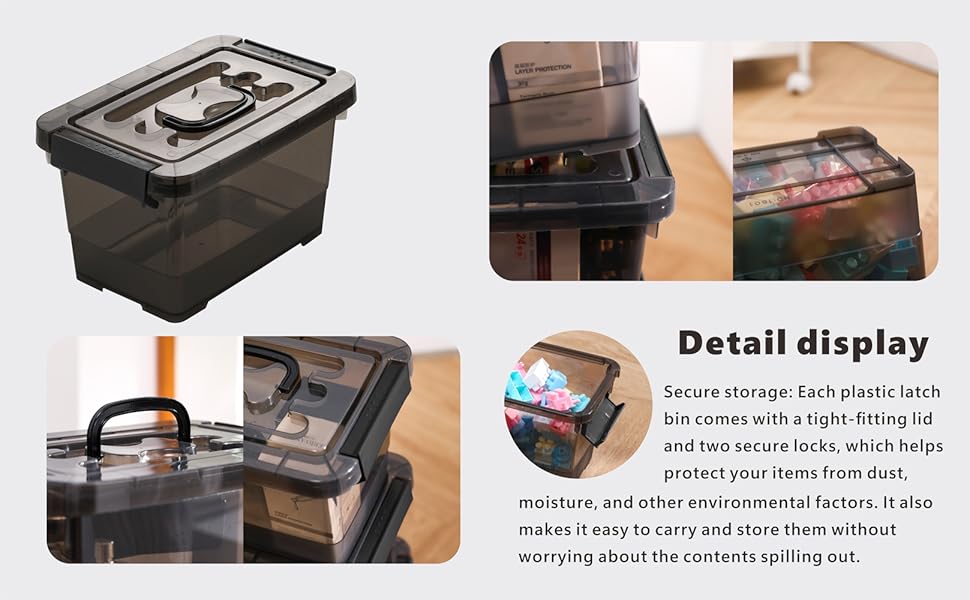 YYXB Black Plastic Storage Latch Bins, 8 Pack Clear