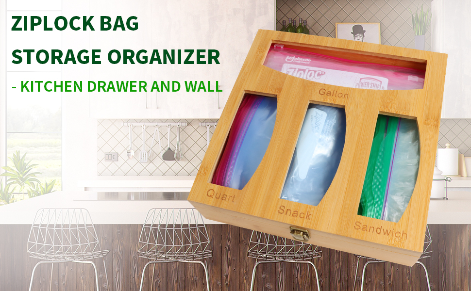 SOGUAOLO Bamboo Ziplock Bag Storage Organizer and Dispenser for Kitchen DrawerFood