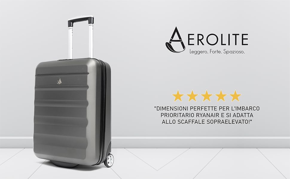 Valigia rigida Aerolite con manico telescopico e ruote. Colore grigio con superficie ruvida. Valutazione a cinque stelle e testo in italiano visibile