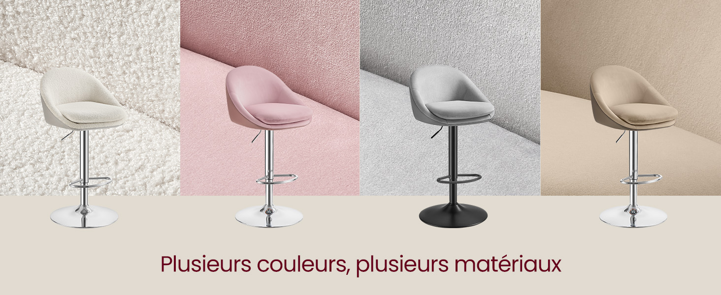Chaises pivotantes modernes de différentes couleurs, dont le blanc, le rose et le beige, avec un design de siège incurvé et une base de piédestal chromée