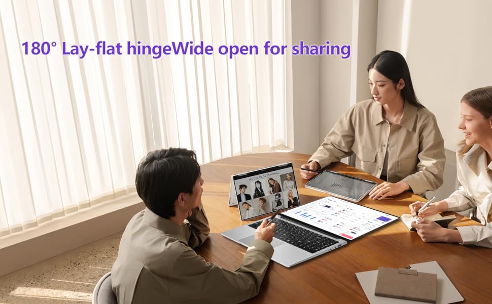 Le texte indique « Charnière à plat, grande ouverte pour la partager ». Plusieurs images montrant des personnes travaillant à leur bureau avec des ordinateurs portables et des documents dans le cadre d'un bureau ou d'une réunion.