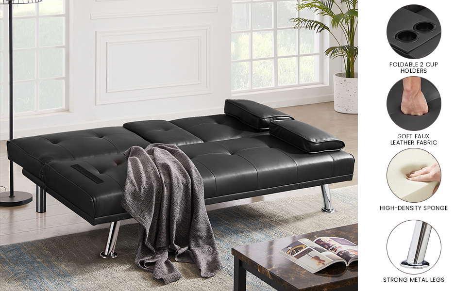 Recaceik Furniture Faux Leather Futon Sofa Bed, Upholstered