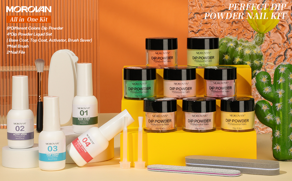 Morovan Dip Powder Nail Kit Starter 8 Colors Dip Powder Nail Set Pure and Glitter