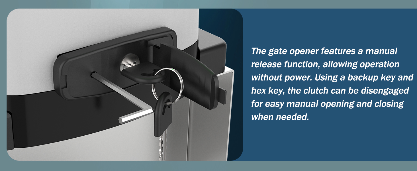 Manual key clutch system, emergency release, sliding gate opener backup access solution