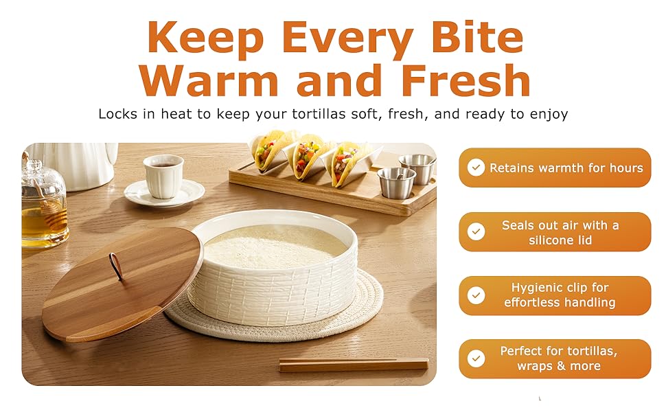Ceramic Tortilla Warmer with Wooden Lid Tortilla Holder with lid, Insulated Bread Warmer