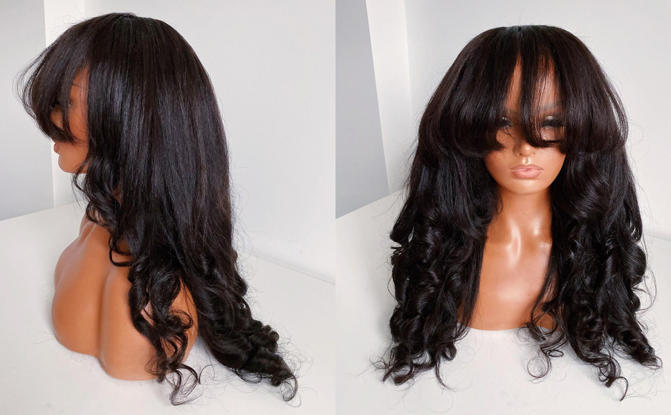 RHEANNA Kinky Yaki Wavy Bang Wig Human Hair 180 Density