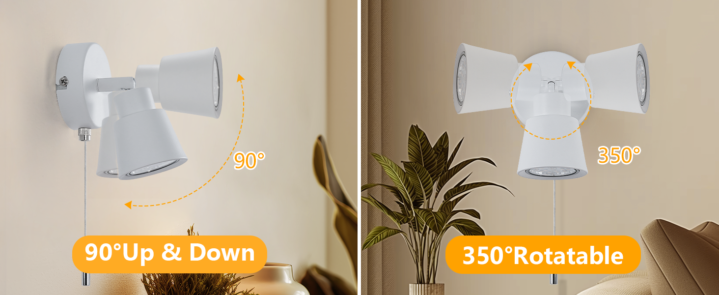 White ceiling light fixture shown in two positions demonstrating 90-degree tilt and 350-degree rotation capabilities.