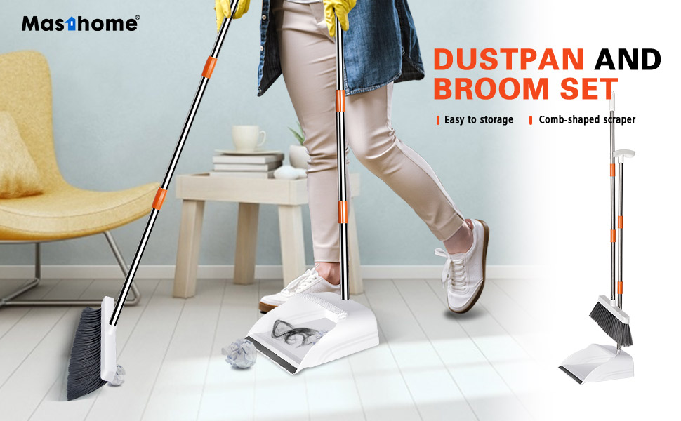 Masthome Broom and Dustpan Set, Upright Standing Dustpan and Soft Bristles Broom