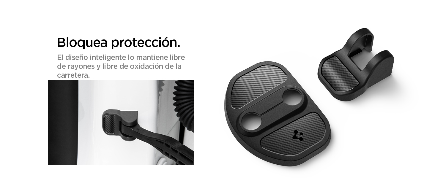 Dispositivo de protección de plástico negro con dos partes: un soporte de pared y una funda desmontable. Cuenta con superficies texturizadas y orificios