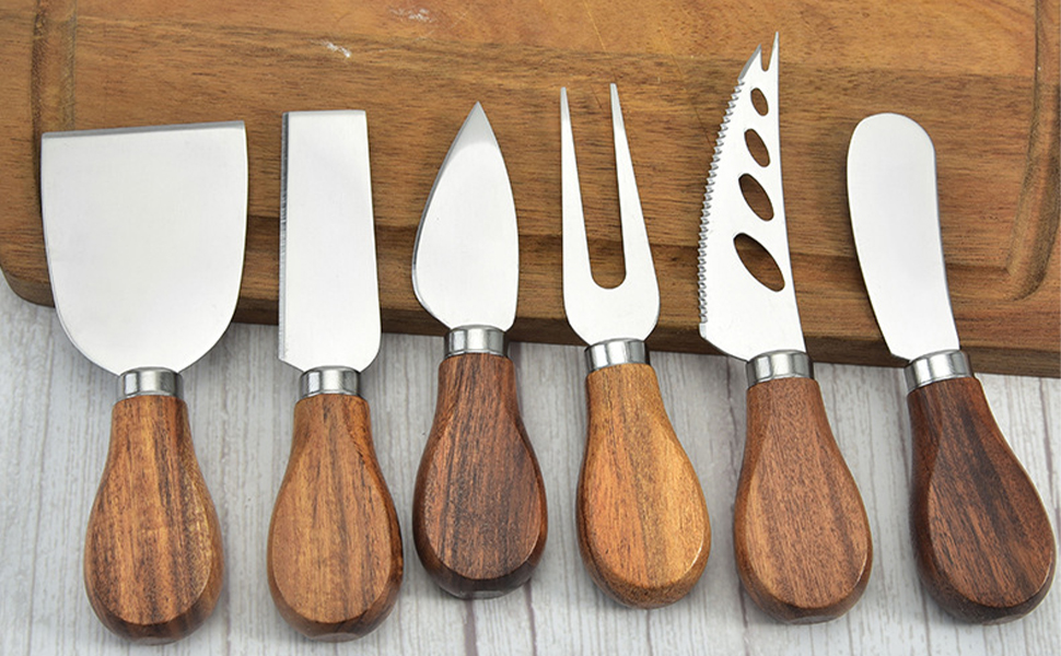 Okllen 6 Piece Cheese Knives Set with Acacia Wood Handles