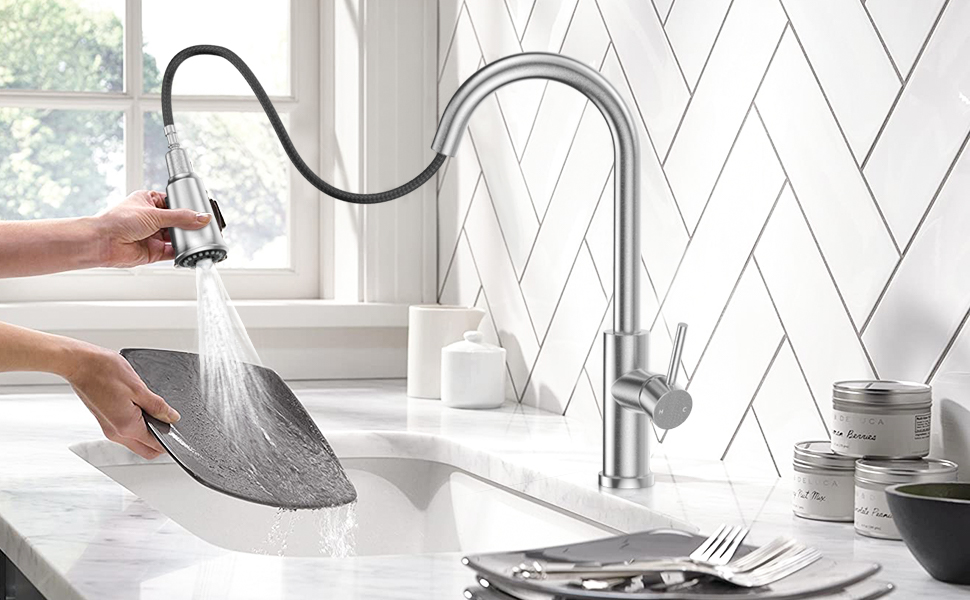 Brushed Nickel High Arc Pull Out Touchless Kitchen Faucets, Motion