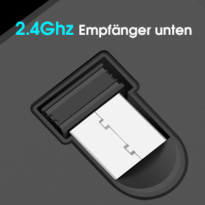 Close-up of a small black USB receiver device labeled '2.4Ghz Empfänger unten', showcasing its compact size and white USB connector.