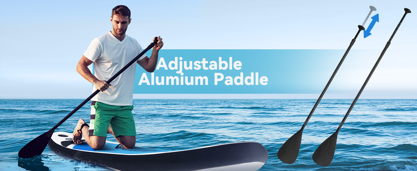 Text reads 'Adjustable Aluminum Paddle'. Person paddleboarding on blue water with adjustable paddle equipment.
