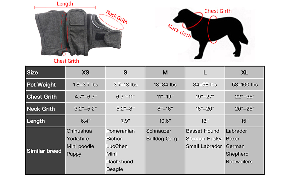 Dog Anxiety Shirt size chart 20251110